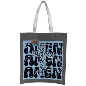 New Upcycled Hand Printed Amen Amen Amen Jesus God Cross Shopper Tote Bag
